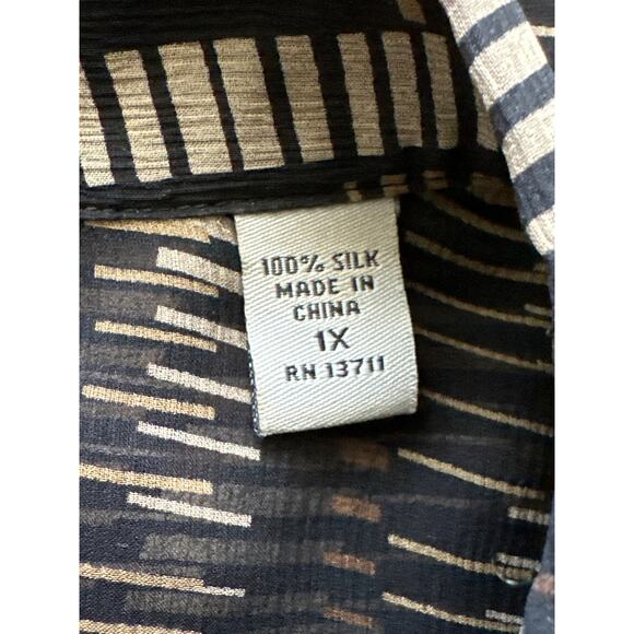VTG Valerie Stevens Sheer Silk Geo Print Blouse XL Brown Black Fall Trend City - Picture 12 of 16